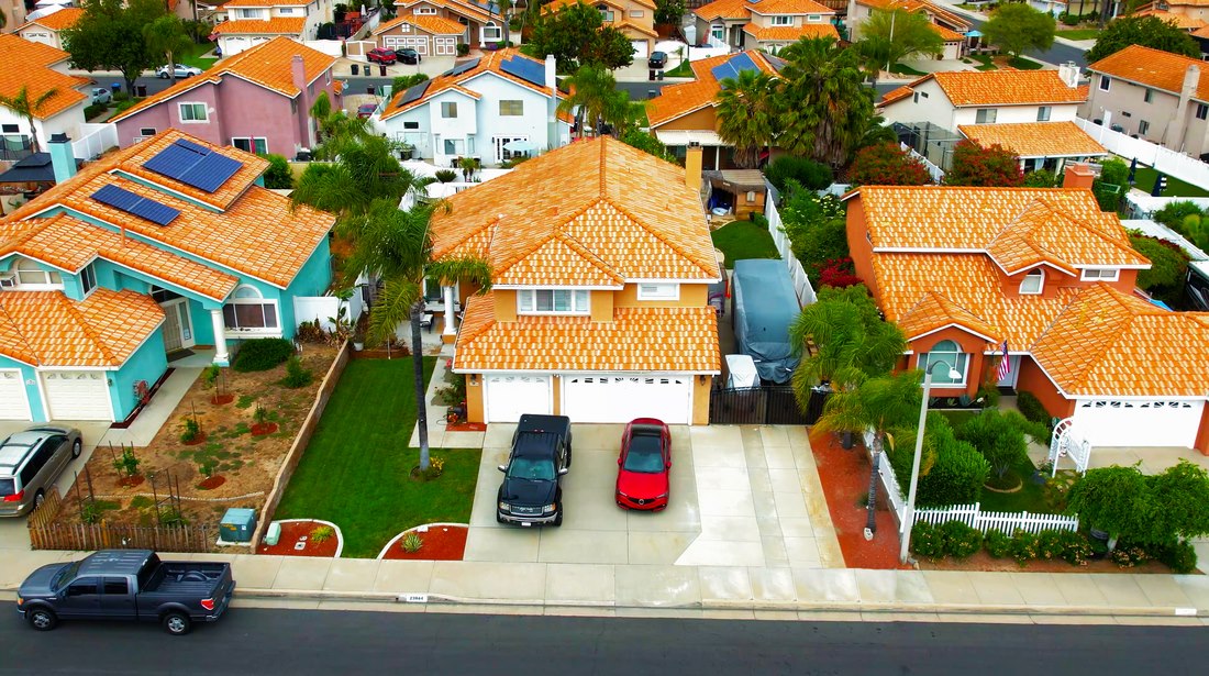 Aerial view over a residential neighborhood