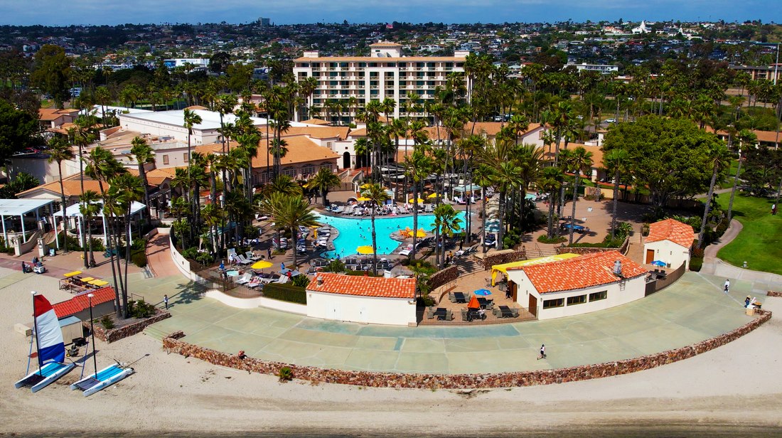 Aerial view of a resort and surrounding buildings
