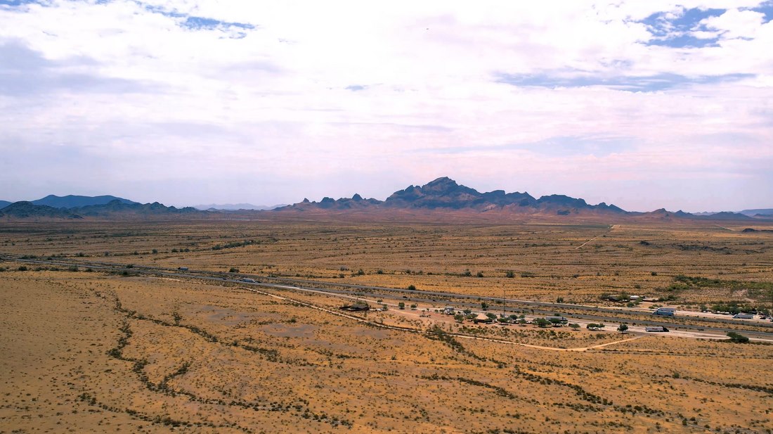 Aerial view across dry open terrain