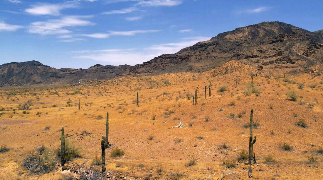 Aerial view of a mountain ridge and desert landscape