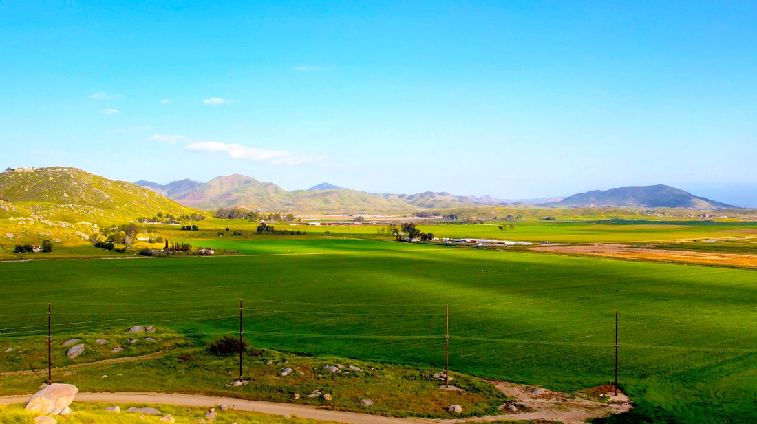 Aerial view across an open field