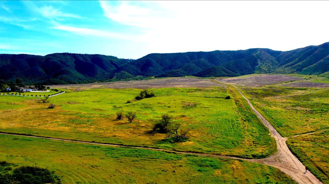 Aerial view over a valley landscape